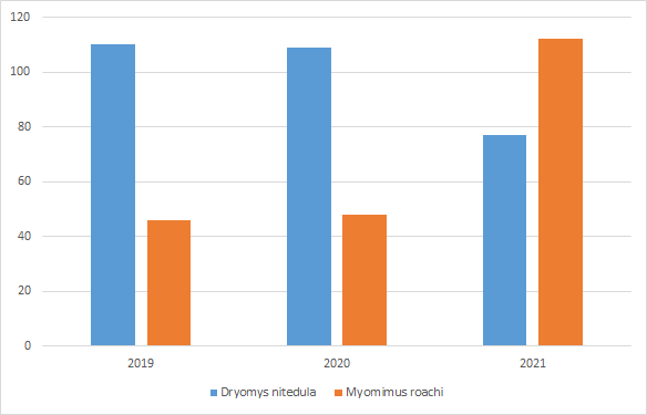 Number of individuals captured Dryomis vs Myomimus 2019-2021